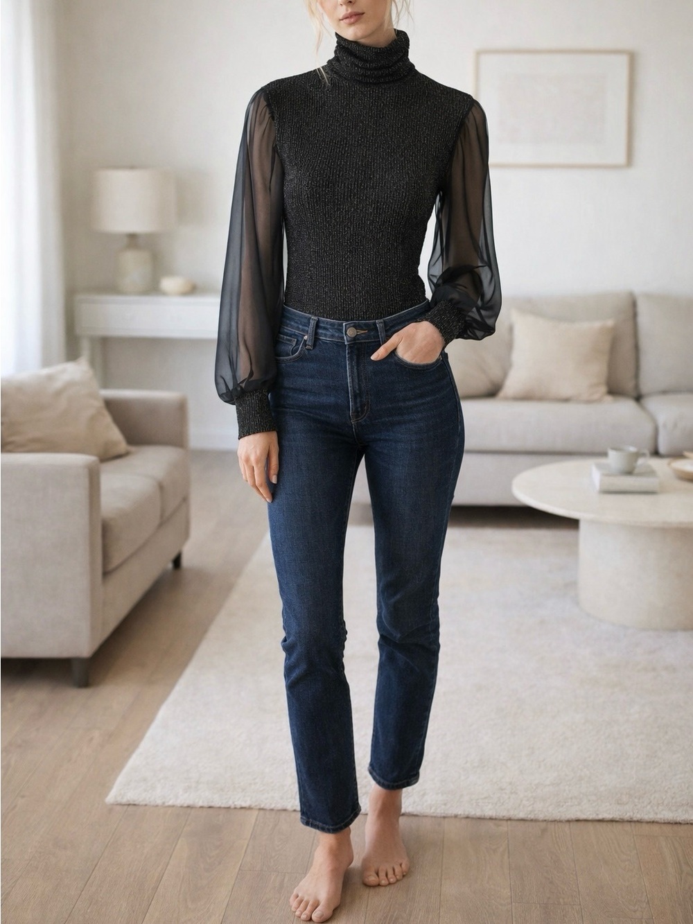 Vintage Black Ruched Bodysuit with Sheer Sleeves